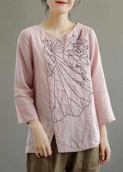 Elegant Pink O-Neck Button Embroideried Fall Linen Long Sleeve Top - bagstylebliss