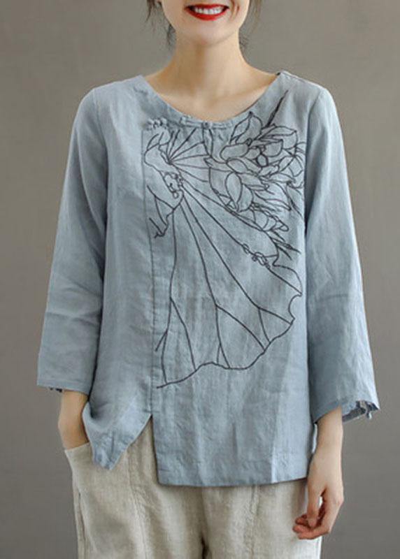 Elegant Pink O-Neck Button Embroideried Fall Linen Long Sleeve Top - bagstylebliss