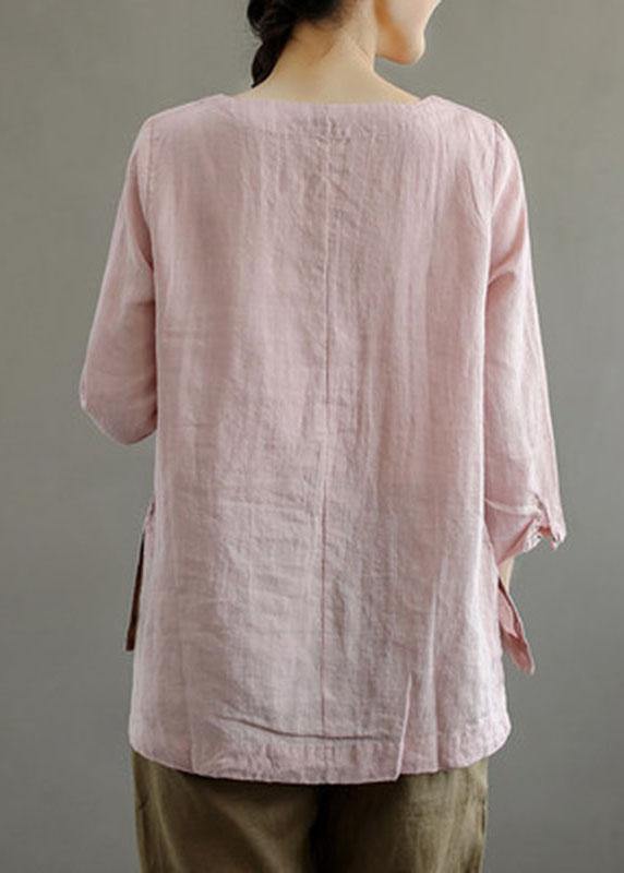 Elegant Pink O-Neck Button Embroideried Fall Linen Long Sleeve Top - bagstylebliss