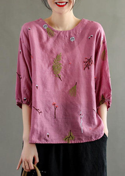 Elegant Pink O-Neck Embroideried Summer Linen Blouses - bagstylebliss