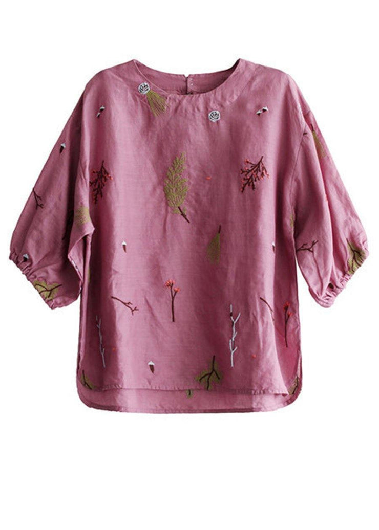 Elegant Pink O-Neck Embroideried Summer Linen Blouses - bagstylebliss