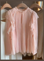 Elegant Pink Ruffled Solid Patchwork Chiffon Tops Long Sleeve