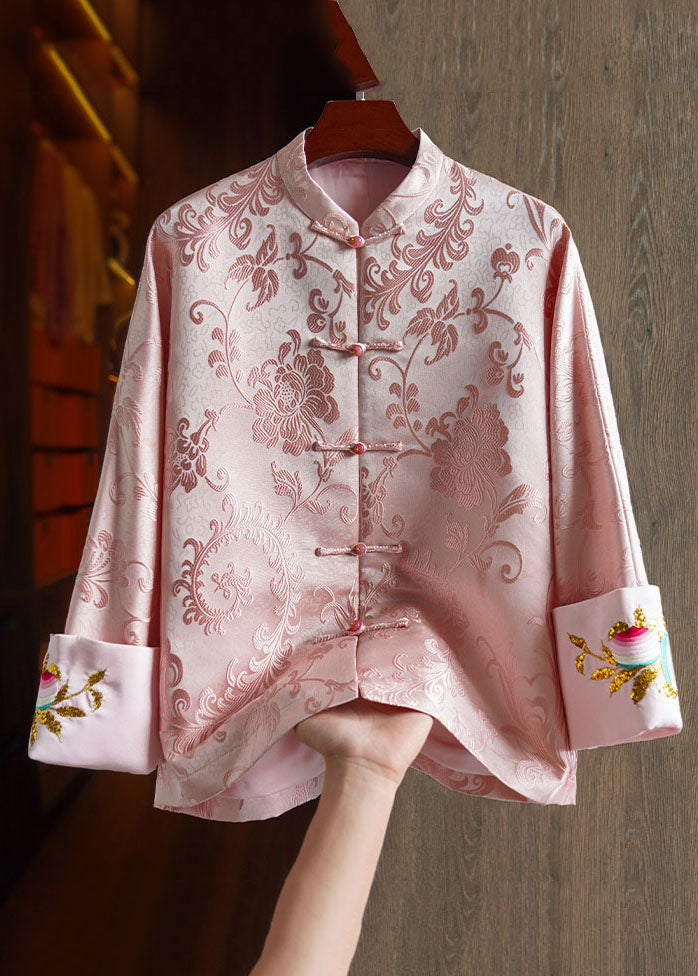 Elegant Pink Stand Collar Embroidered Silk Coat Long Sleeve