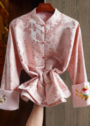 Elegant Pink Stand Collar Embroidered Silk Coat Long Sleeve