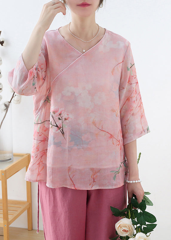 Elegant Pink V Neck Print Linen Shirt Top Half Sleeve