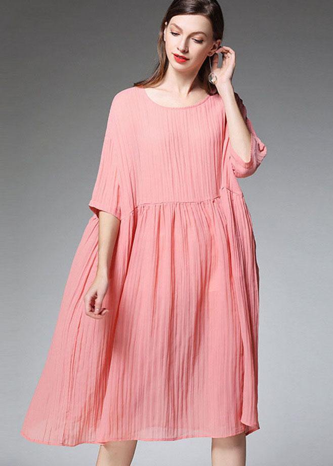 Elegant Pink Wrinkled Pockets Summer Dress Half Sleeve - bagstylebliss