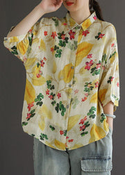 Elegant Print Peter Pan Collar Button Summer Linen Top Three Quarter Sleeve - bagstylebliss