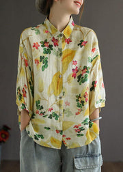 Elegant Print Peter Pan Collar Button Summer Linen Top Three Quarter Sleeve - bagstylebliss