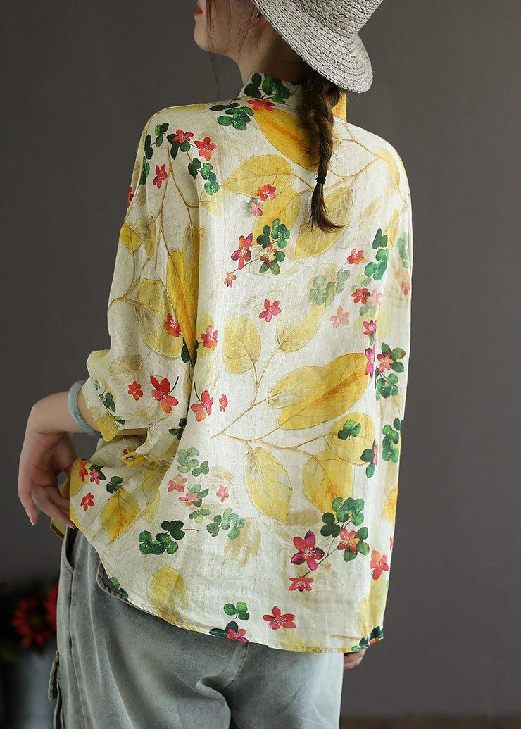 Elegant Print Peter Pan Collar Button Summer Linen Top Three Quarter Sleeve - bagstylebliss