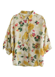 Elegant Print Peter Pan Collar Button Summer Linen Top Three Quarter Sleeve - bagstylebliss