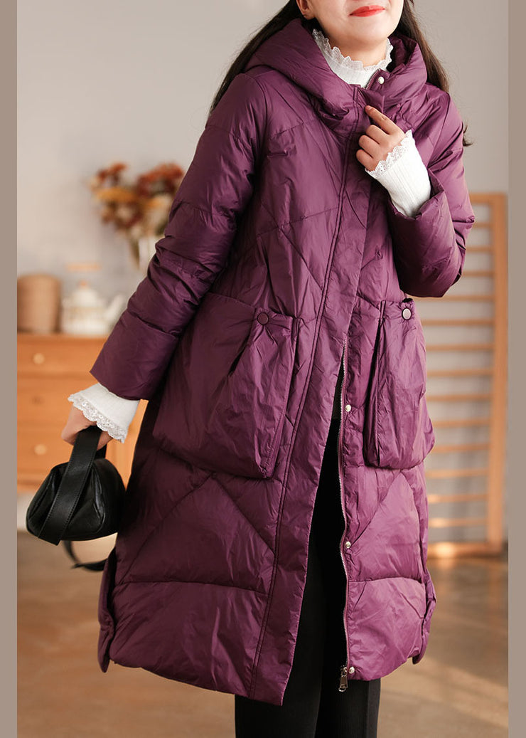 Elegant Purple Hooded Pockets Duck Down Down Coat Winter