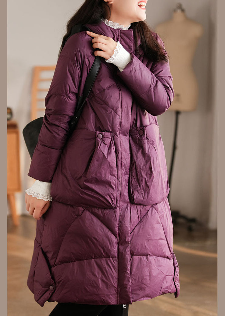 Elegant Purple Hooded Pockets Duck Down Down Coat Winter