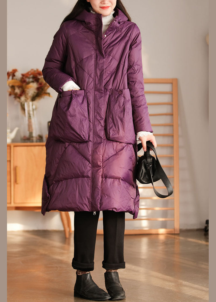 Elegant Purple Hooded Pockets Duck Down Down Coat Winter