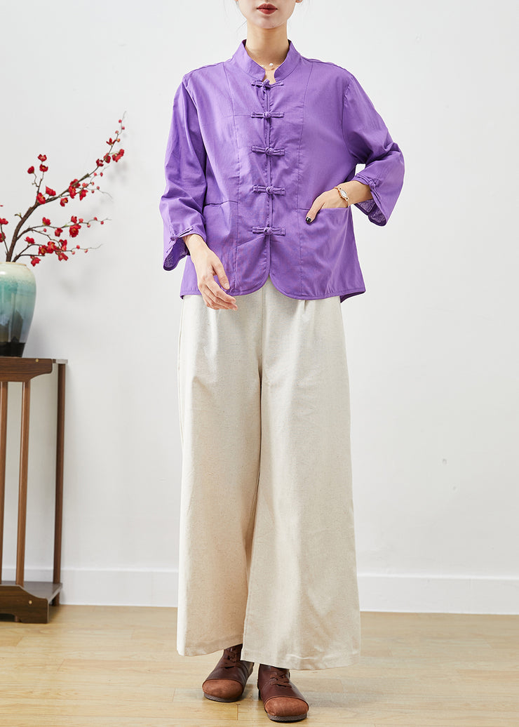 Elegant Purple Mandarin Collar Oriental Cotton Two Pieces Set Fall