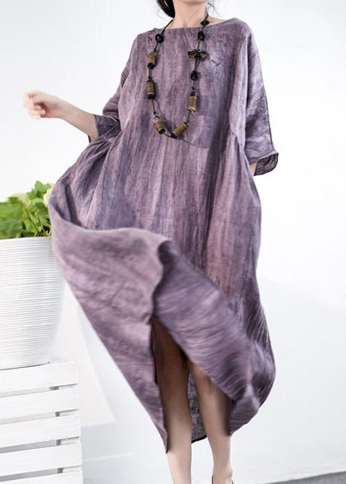 Elegant Purple O Neck Pockets Cotton Long Dress Half Sleeve