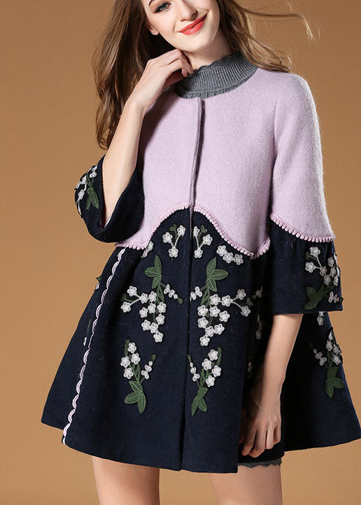 Elegant Purple Patchwork Embroideried Floral Fall Woolen Coat