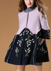 Elegant Purple Patchwork Embroideried Floral Fall Woolen Coat