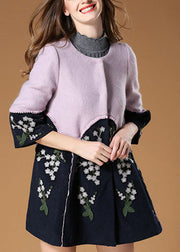 Elegant Purple Patchwork Embroideried Floral Fall Woolen Coat