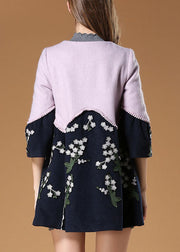 Elegant Purple Patchwork Embroideried Floral Fall Woolen Coat