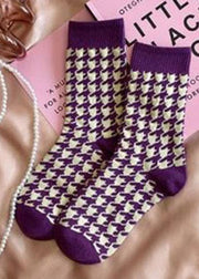 Elegant Purple Plaid Jacquard Cotton Mid Calf Socks