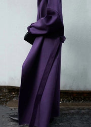 Elegant Purple Pockets Tie Waist Patchwork Woolen Coat Winter