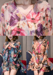 Elegant Purple Print Chiffon Blouse Top flare sleeve