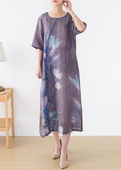 Elegant Purple Print O-Neck Maxi Summer Linen Dress - bagstylebliss