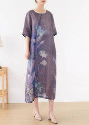 Elegant Purple Print O-Neck Maxi Summer Linen Dress - bagstylebliss