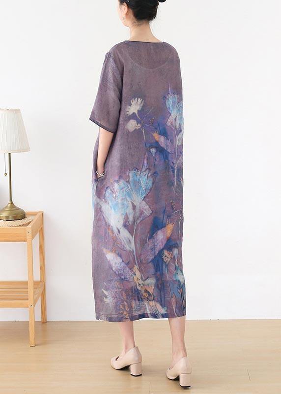 Elegant Purple Print O-Neck Maxi Summer Linen Dress - bagstylebliss