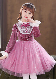 Elegant Purple Ruffled Velour Patchwork Tulle Baby Girls Dress Fall