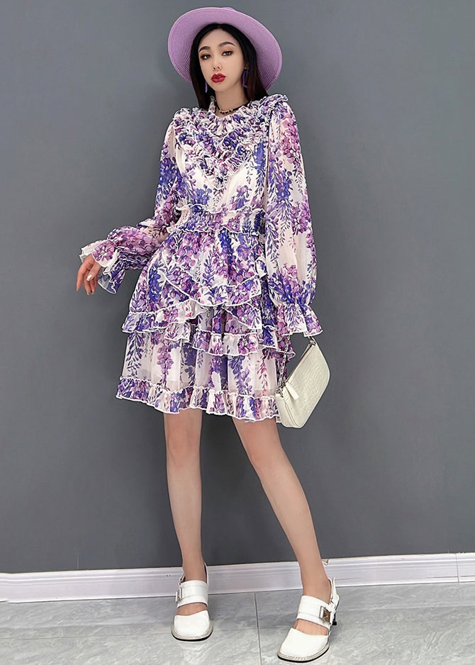 Elegant Purple Stand CollarAsymmetrical Ruffled Chiffon Mid Dress Long Sleeve