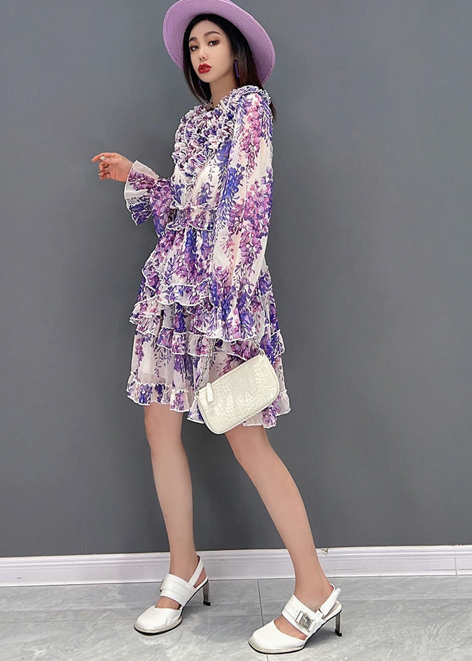 Elegant Purple Stand CollarAsymmetrical Ruffled Chiffon Mid Dress Long Sleeve