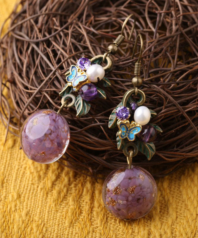 Elegant Purple Sterling Silver Zircon Jade Crystal Cloisonne Coloured Glaze Drop Earrings