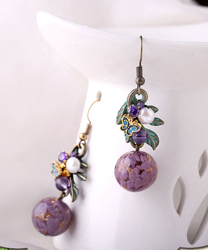 Elegant Purple Sterling Silver Zircon Jade Crystal Cloisonne Coloured Glaze Drop Earrings