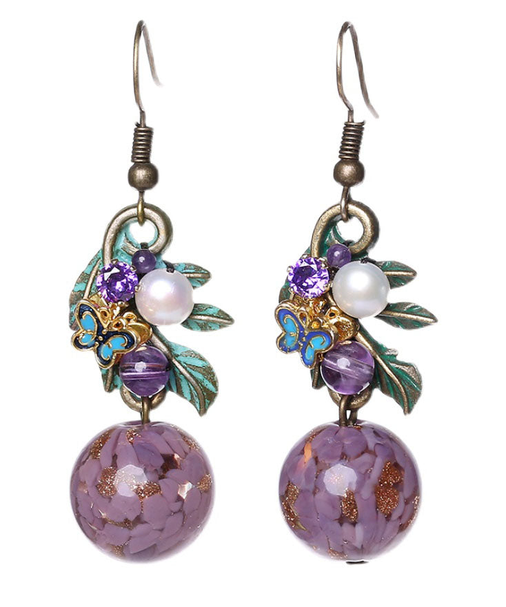 Elegant Purple Sterling Silver Zircon Jade Crystal Cloisonne Coloured Glaze Drop Earrings