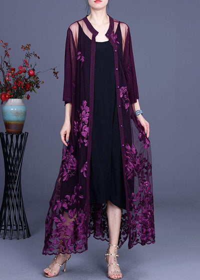 Elegant Purple tulle Embroideried Cardigans Two Piece Set Women Clothing - bagstylebliss
