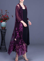 Elegant Purple tulle Embroideried Cardigans Two Piece Set Women Clothing - bagstylebliss