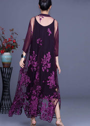 Elegant Purple tulle Embroideried Cardigans Two Piece Set Women Clothing - bagstylebliss