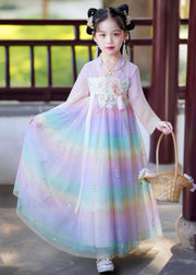 Elegant Rainbow Gradient Color Patchwork Tulle Kids Vacation Long Dresses Long Sleeve