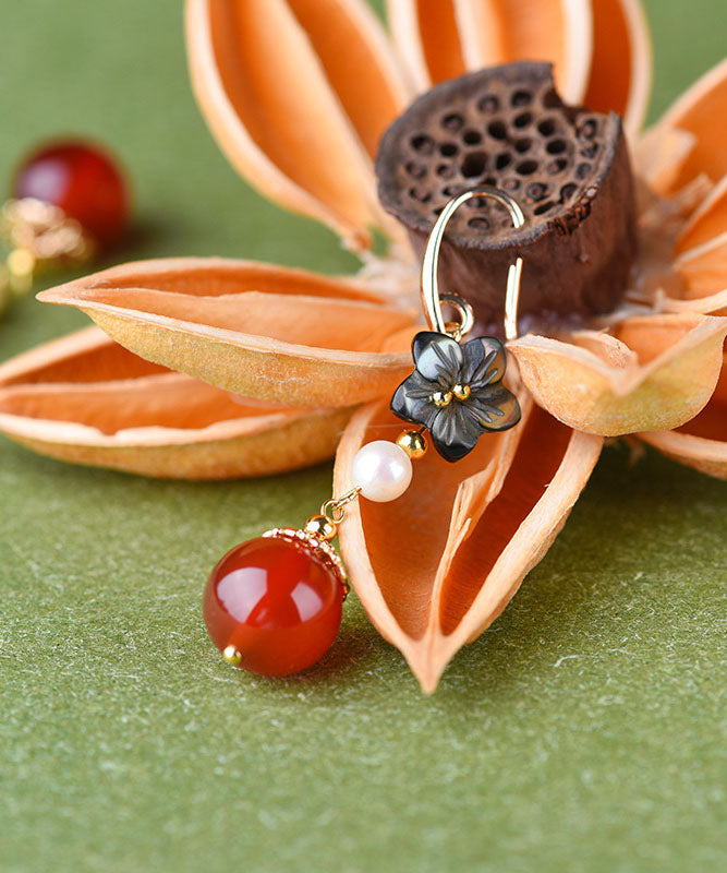 Elegante rote Achat-Perlen-Muschel-Blumen-Silber-Tropfen-Ohrringe