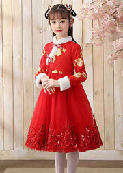 Elegant Red Fur Collar Sequins Patchwork Button Tulle Girls Long Dress Winter