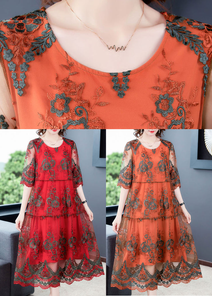 Elegant Red O-Neck Embroideried Tulle Vacation Dress Half Sleeve