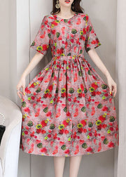 Elegant Red O-Neck Print 2024 Linen Cinch Dresses Short Sleeve