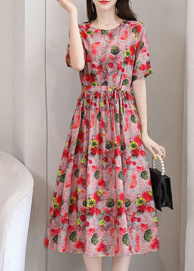 Elegant Red O-Neck Print 2024 Linen Cinch Dresses Short Sleeve