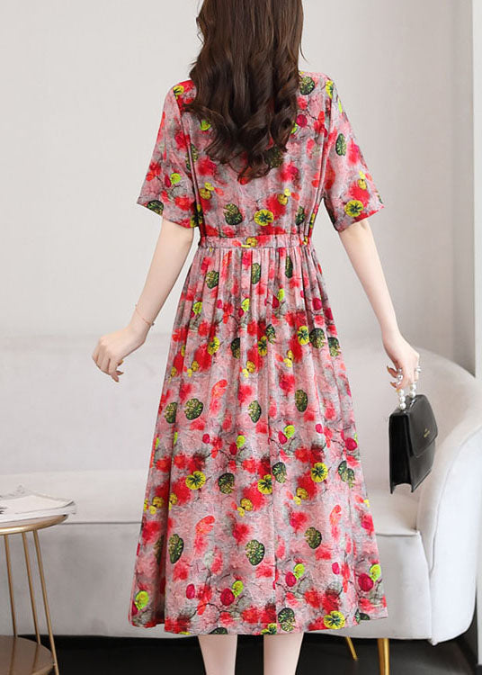 Elegant Red O-Neck Print 2024 Linen Cinch Dresses Short Sleeve