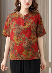 Elegant Red O-Neck Print 2024 Silk Shirts Short Sleeve