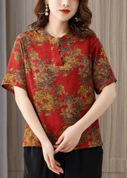 Elegantes rotes O-Neck Print 2022 Seidenhemden Kurzarm