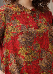 Elegant Red O-Neck Print 2024 Silk Shirts Short Sleeve