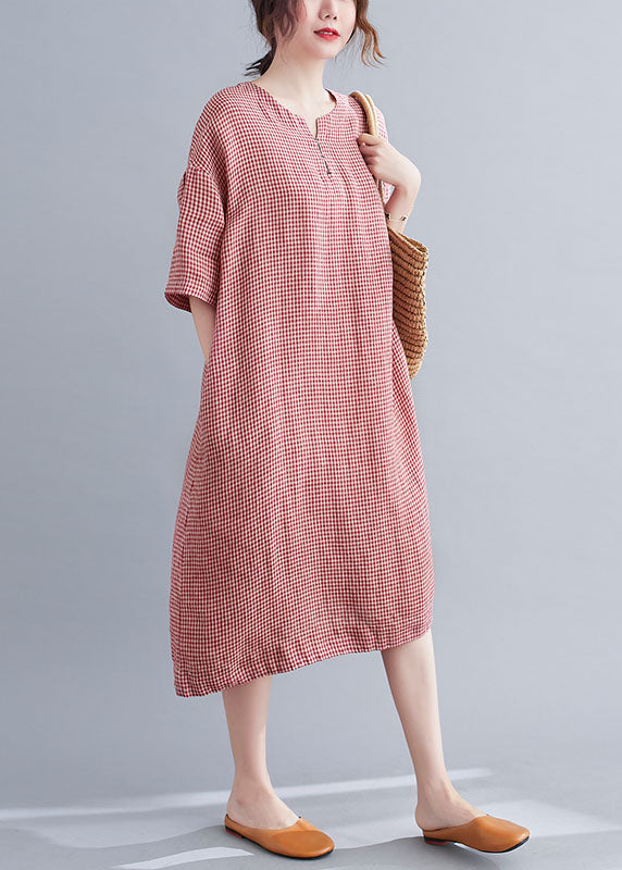 Elegant Red Pockets Plaid Cotton Vacation Dresses Short Sleeve