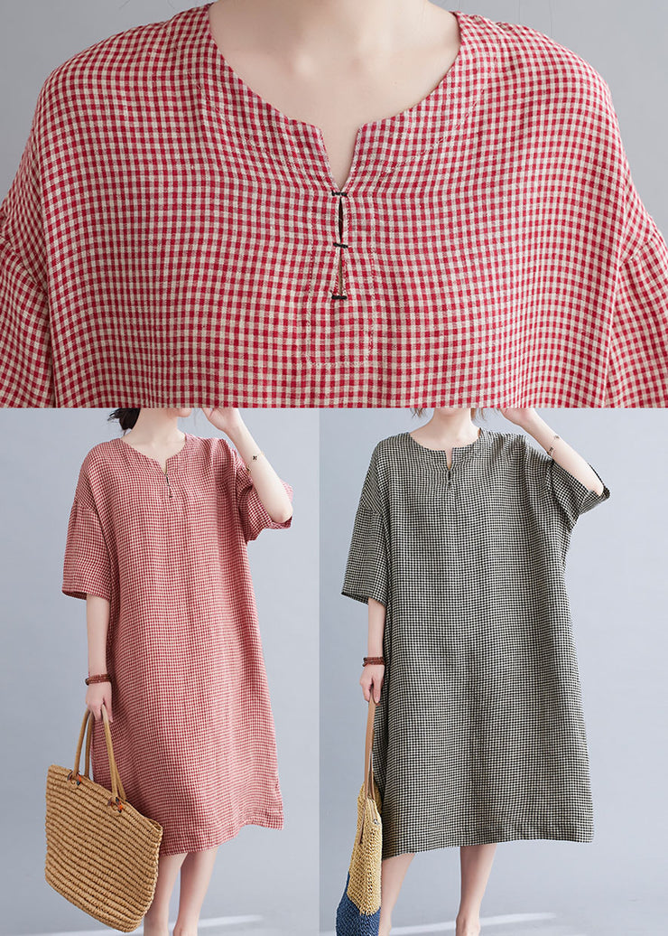 Elegant Red Pockets Plaid Cotton Vacation Dresses Short Sleeve